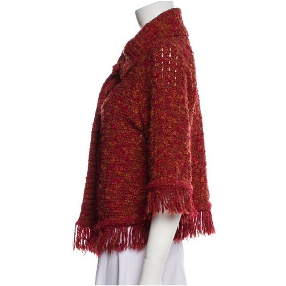 St. John Sweater Jacket Rustic Red Orange Wool Blend Fringe Signature Logo Sz P - Picture 2 of 3